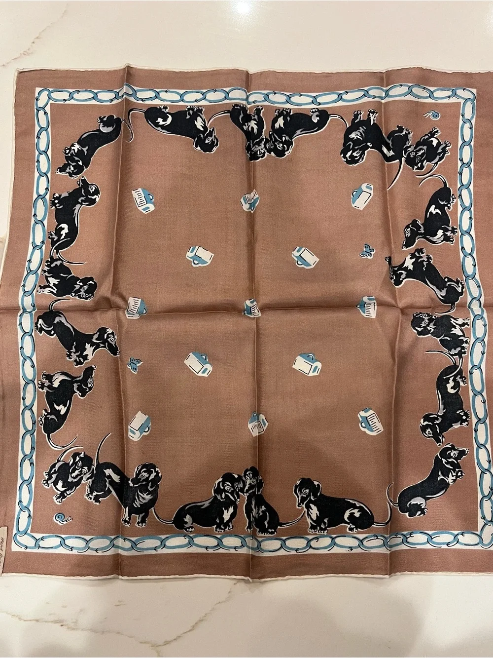 Vintage Baar & Beards inc hand rolled pure silk dusty purple and black dog scarf